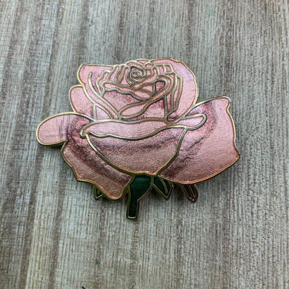Pink Rose Flower Vintage Enamel Gold Tone Brooch Pin